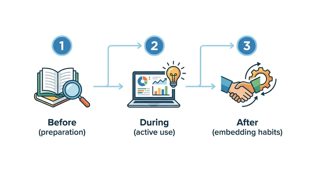 Three-stage AI learning journey for UK teams โ learn, practise, embed โ illustrated using flat-lay resource cards