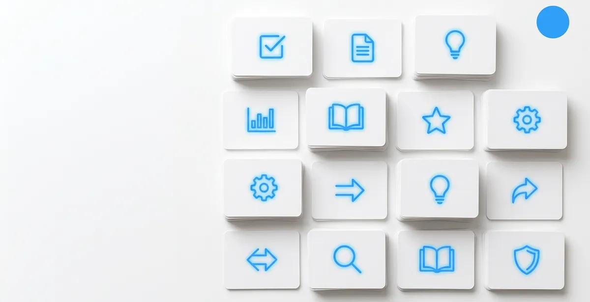 AI training resource cards laid out flat โ guides, worksheets, checklists and templates for UK business teams