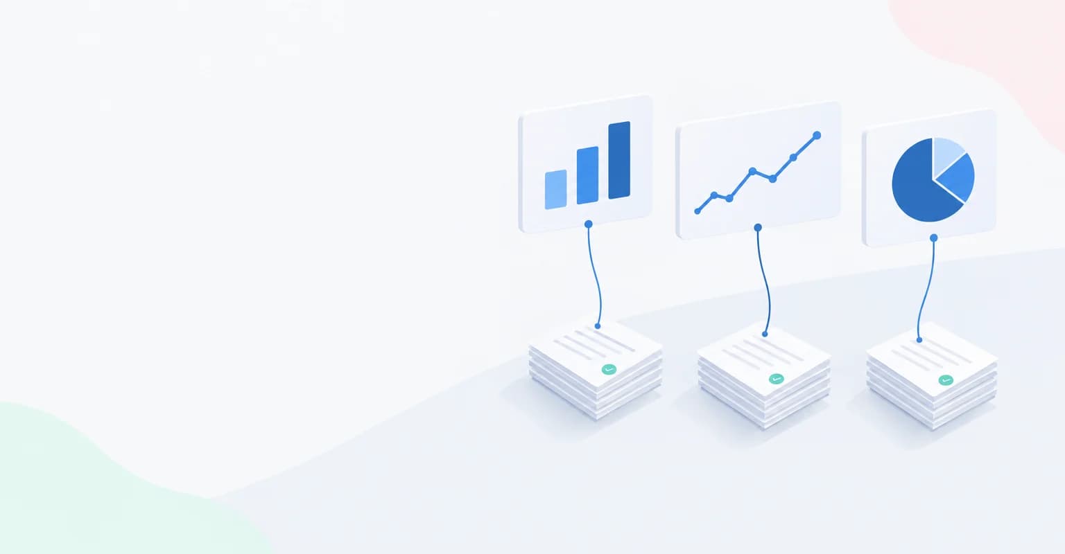 Illustration of a bar chart, a line chart and a pie chart, each linked by a fine thread to the source documents it comes from, each document marked with a tick.