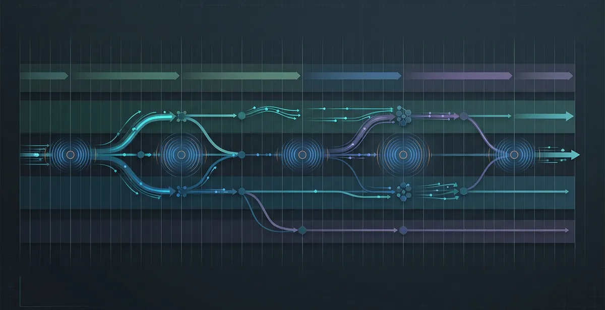 Data flow timeline with recurring advisory check-in nodes for structured AI guidance