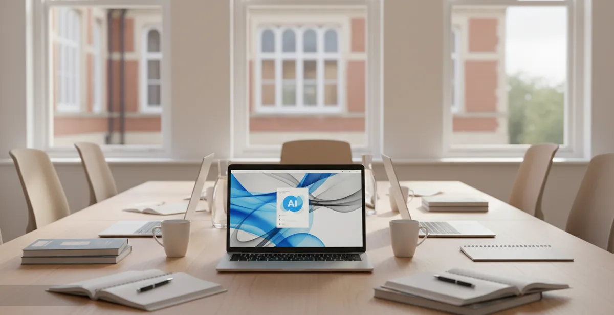 AI training workshop for UK teachers with laptops and educational materials on desks