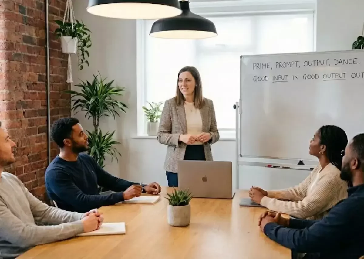 Professional confidently leading a team meeting after developing independent AI skills.