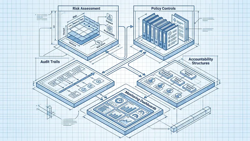 Blueprint diagram of AI governance framework components including risk, policy, audit and monitoring