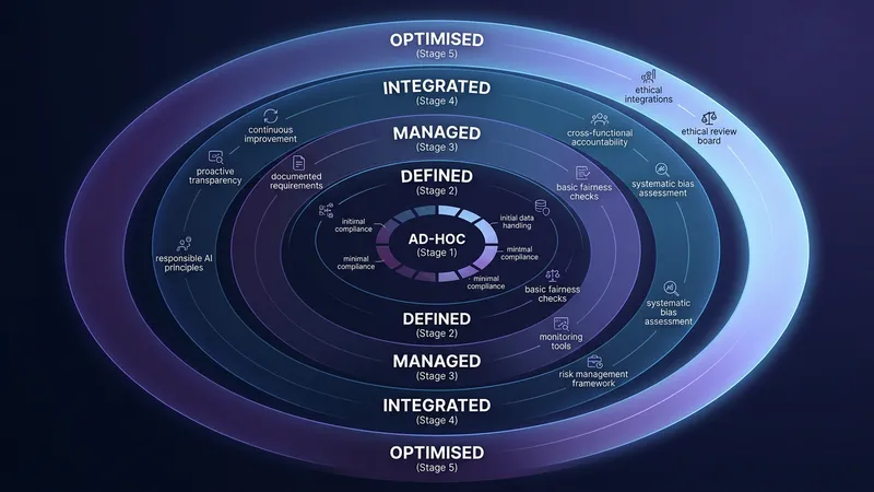 Concentric maturity model diagram showing five stages of responsible AI governance progression