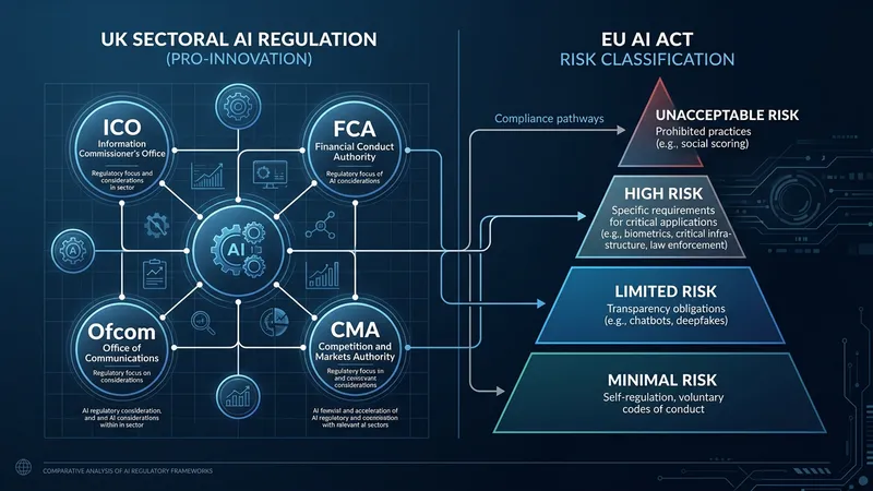 Comparison diagram of UK pro-innovation and EU AI Act regulatory frameworks with compliance pathways
