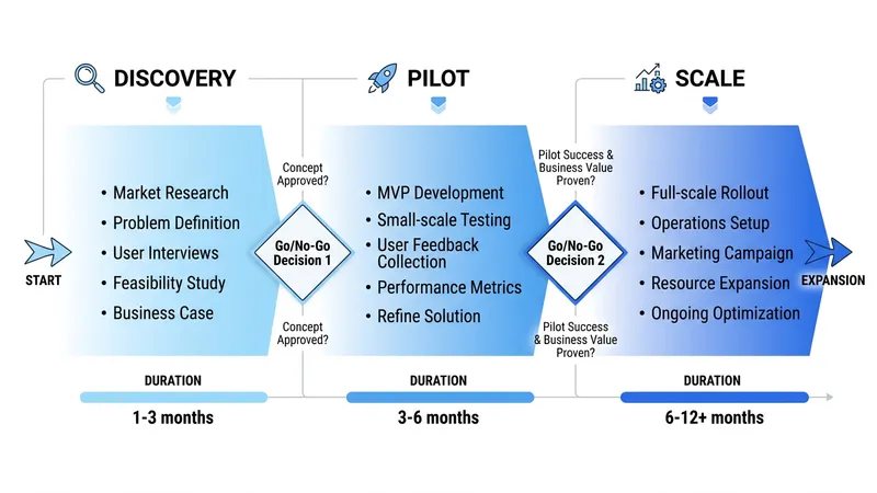Three-phase AI implementation timeline with discovery, pilot, and scale stages and decision gates