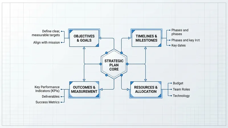 Strategic AI implementation framework blueprint connecting objectives, timelines, and outcomes