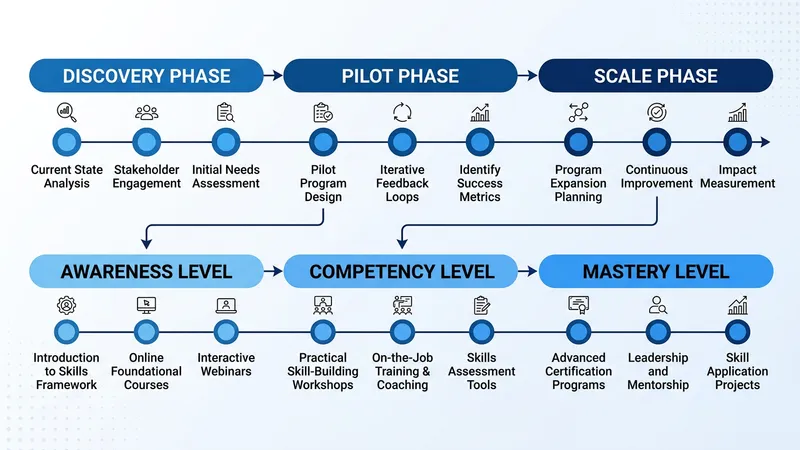 Skills development pathway showing training modules aligned with AI implementation phases