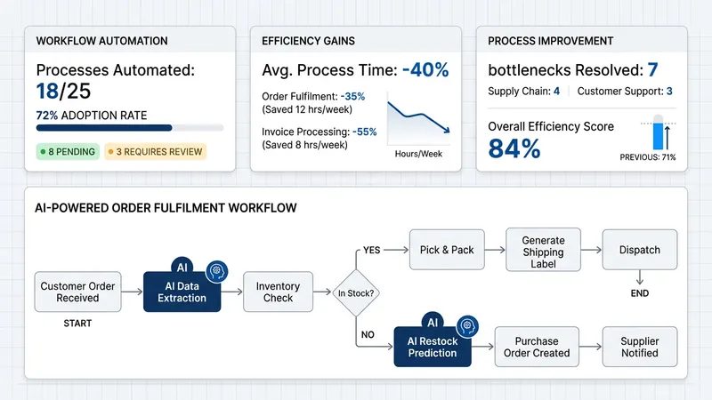 Dashboard showing AI integration metrics and workflow improvements for a UK SME