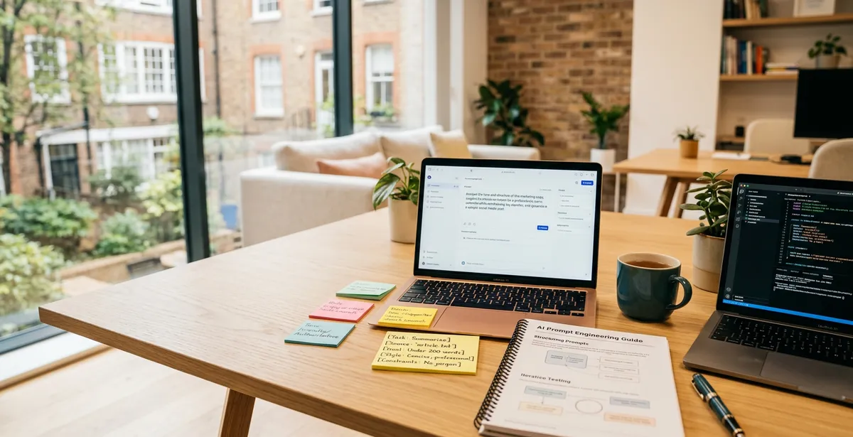 Workshop workspace with laptops and prompt engineering guides laid out for a hands-on training session