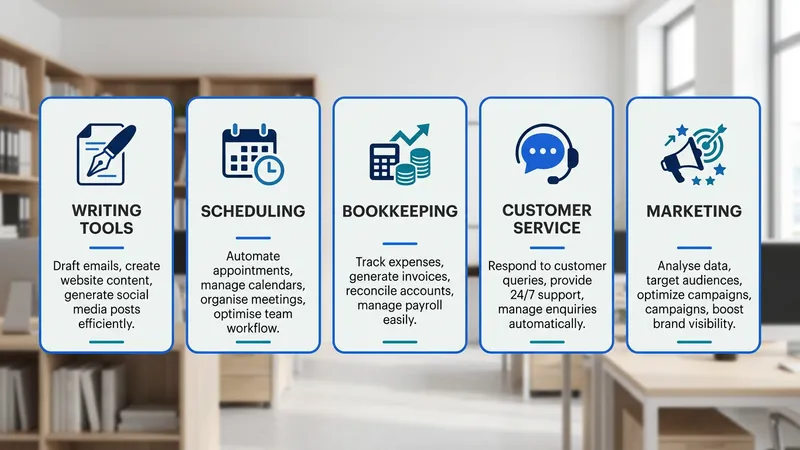 Category grid of five AI tool types for small businesses: writing, scheduling, bookkeeping, customer service and marketing