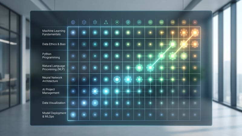 AI skills assessment matrix showing team competency levels across different capability areas