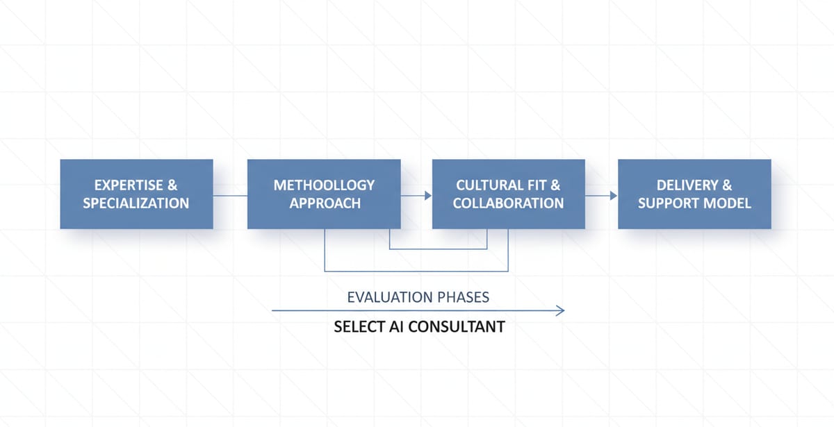 Structured evaluation framework for selecting an AI consultant showing criteria and decision-flow process