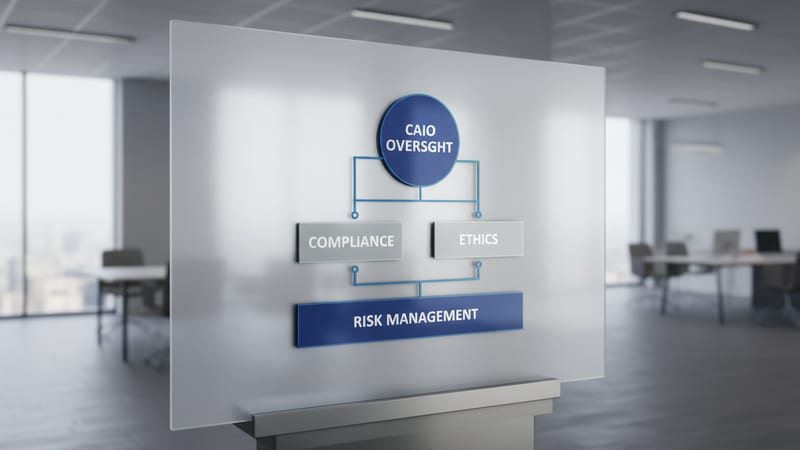 AI governance framework showing compliance, ethics, and risk management layers under CAIO oversight