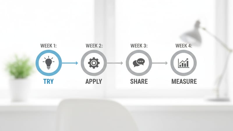 Four-week AI action plan showing progressive milestones from first trial to measuring results