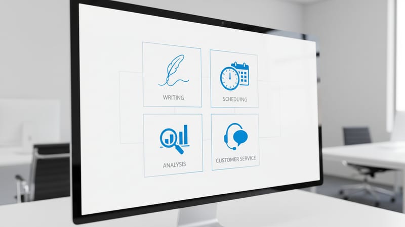 Grid of four free AI tool categories for small businesses covering writing, scheduling, analysis and support