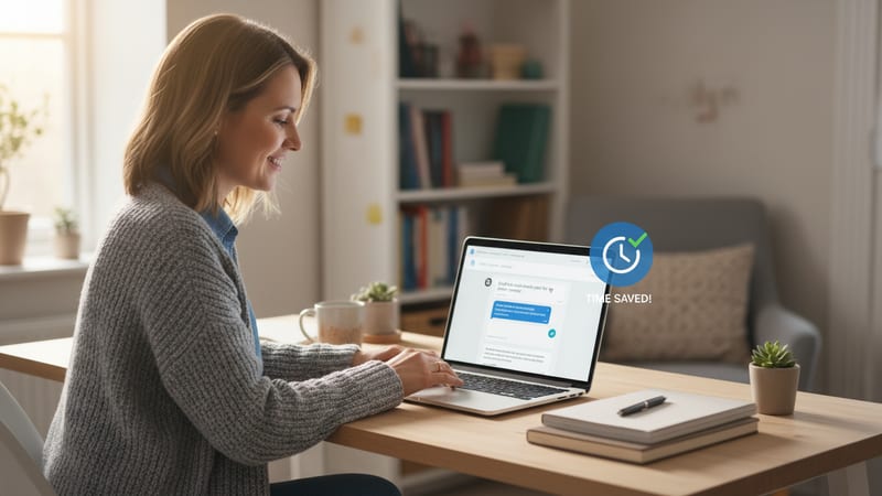 Small business owner using a laptop with a simple AI chat interface to save time on daily tasks